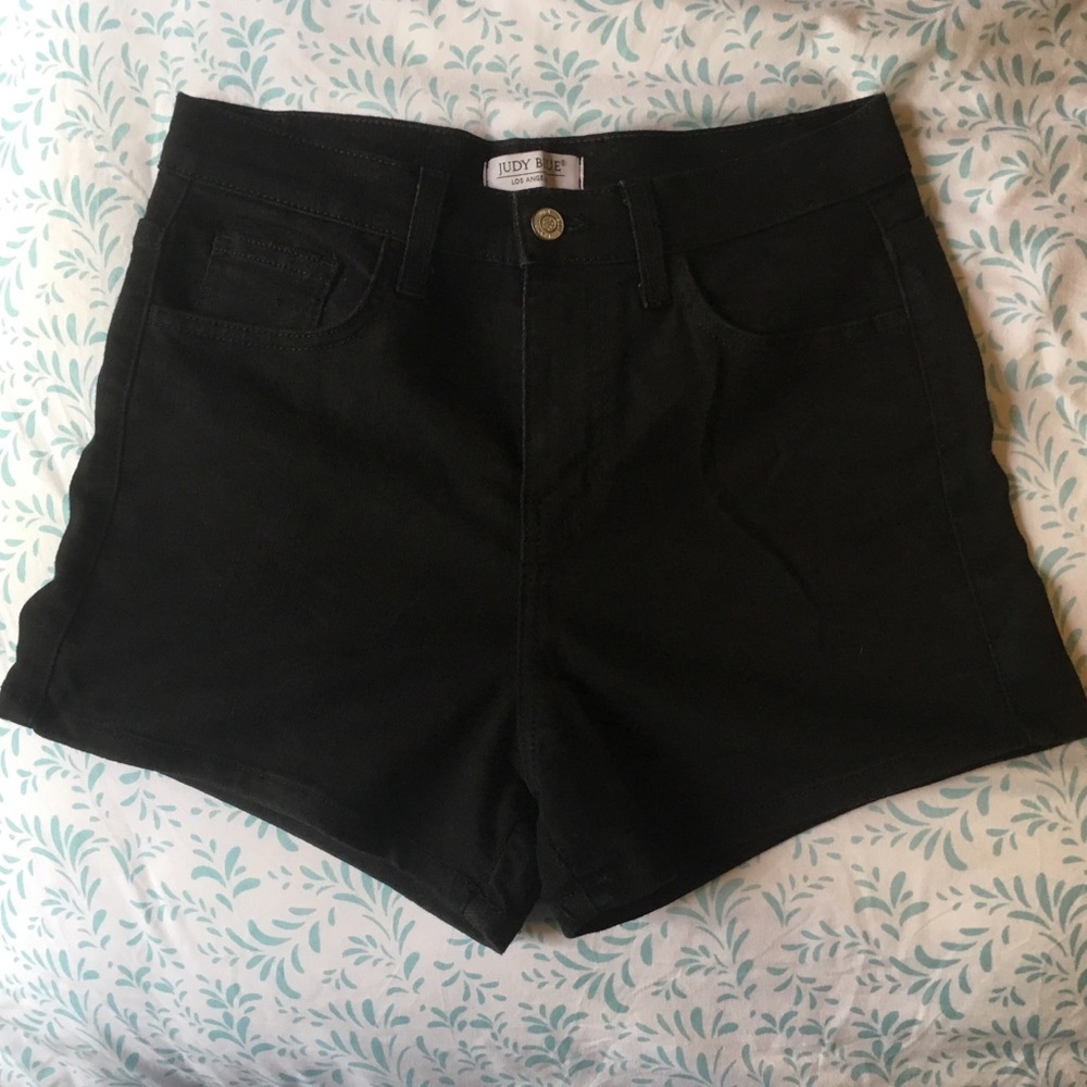 High rise black denim jean shorts.